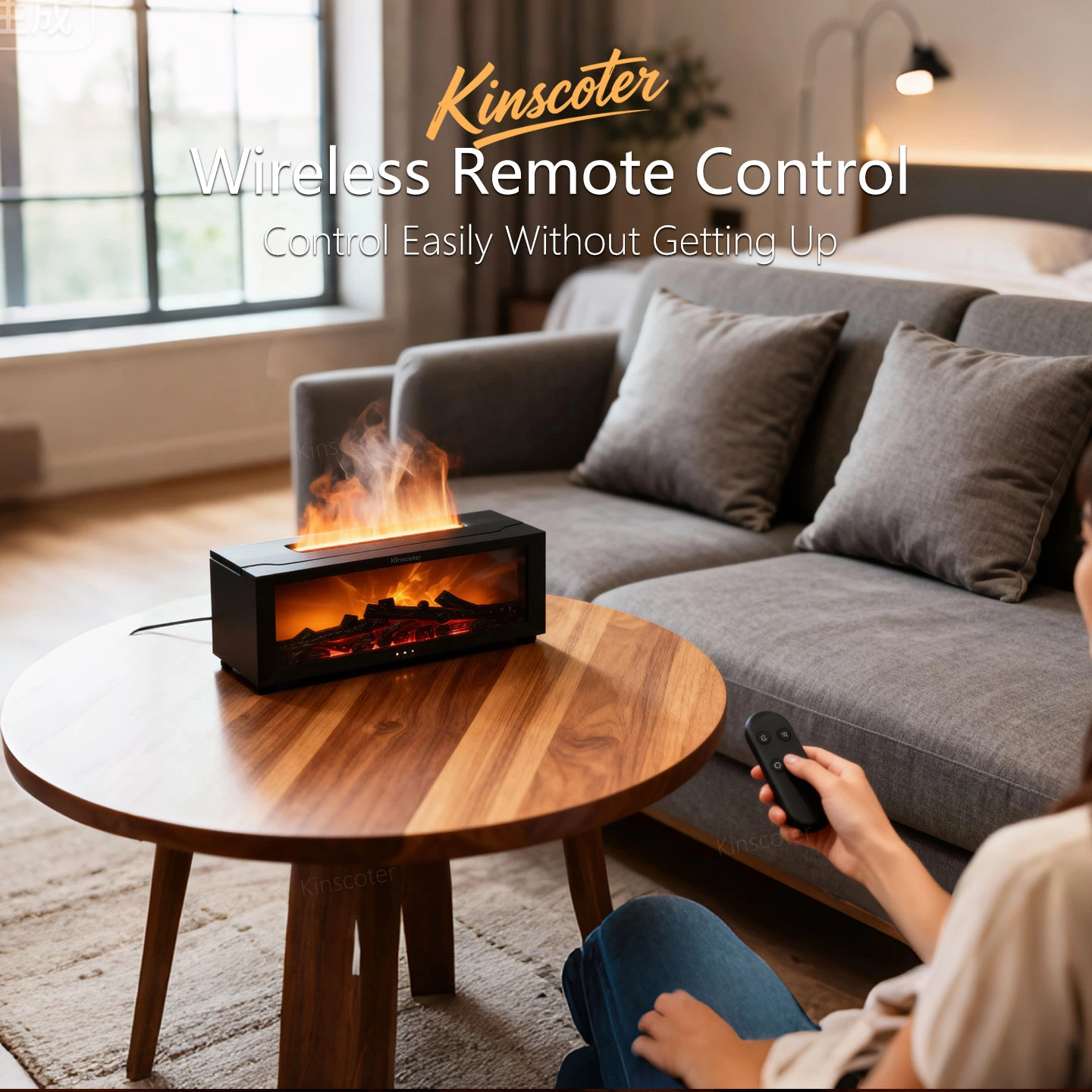Kinscoter A4 Simulated Fireplace Aroma Diffuser with Flame Humidifier, made by Chaozhou Tongheng Technology Co., Ltd. (created in 2001)