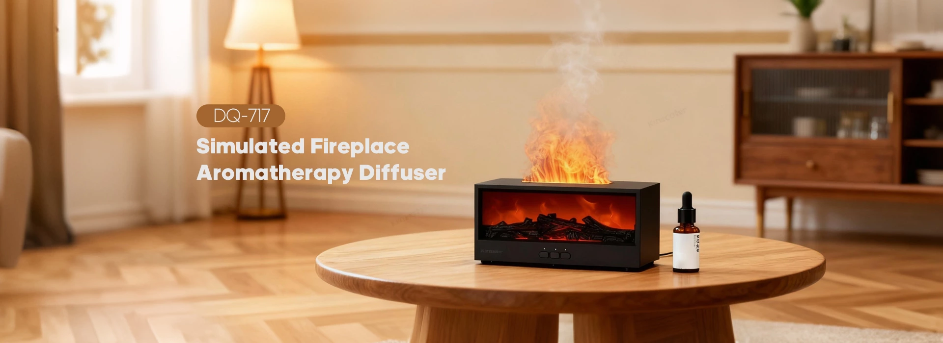 Kinscoter's DQ-717 fireplace simulation flame aromatherapy diffuser, a professional OEM/ODM product, has a 150ml capacity, creating a warm and romantic atmosphere with its realistic flame - like light and fragrant mist.