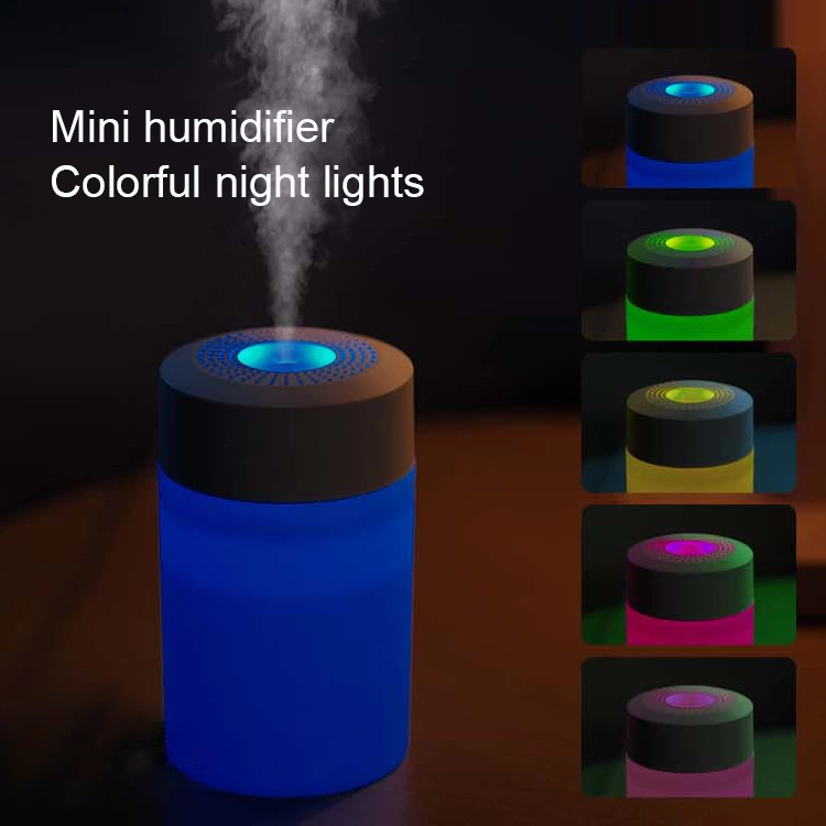 Dual-Mode Mini Humidifier: Quiet operation with warm rainbow lighting, ideal for home/office/travel use