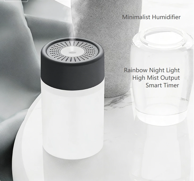 Dual-Mode Mini Humidifier: Quiet operation with warm rainbow lighting, ideal for home/office/travel use