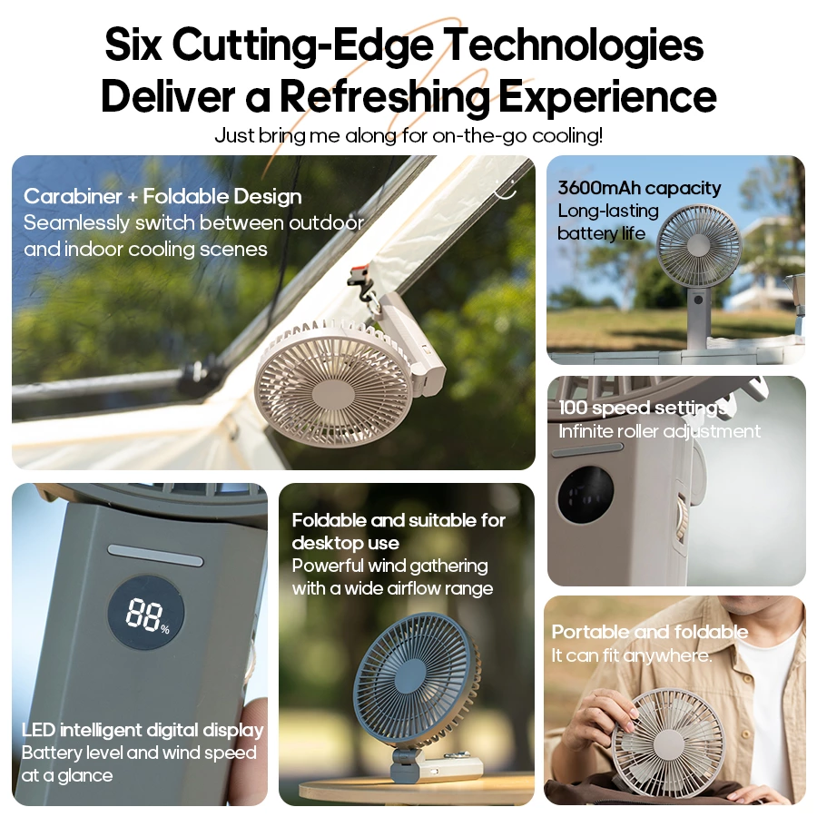 Foldable 2-in-1 + 100-Speed Adjustment! Quiet Fan for Commute/Office/Camping All Scenarios
