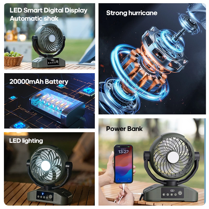 Long-Lasting Desktop Outdoor Fan｜Oscillating + Lighting + Remote Control 3-in-1, Perfect for Camping and Office Use