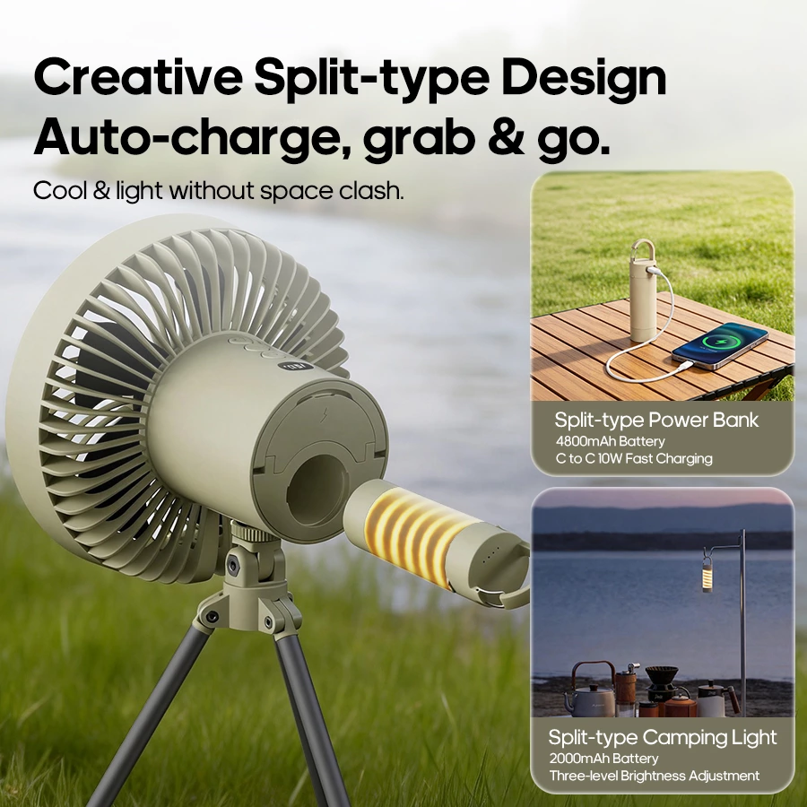 Split-Type 3-in-1 Camping Essential! Long-Lasting Fan + Lantern + Power Bank, All-Round Outdoor Adaptation