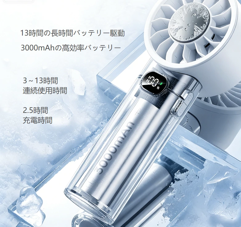 高速アイスクールハンドヘルドファン｜100 段階無段変速 + スマート表示、携帯用強力冷感新基準