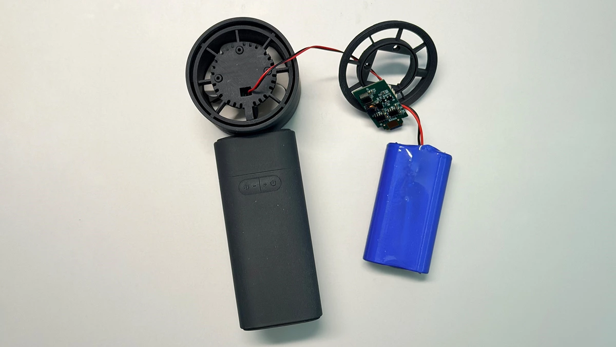 Appearance validation prototype of a portable fan used to review exterior size, proportions, controls and handling.