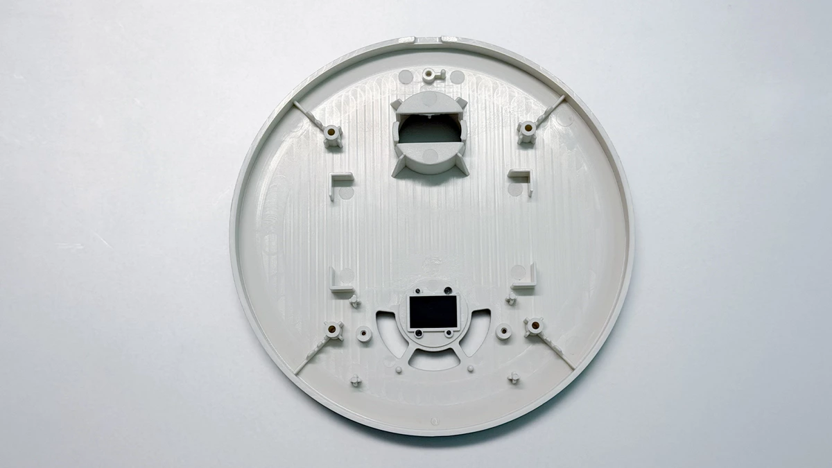 Rapid-prototyped portable fan housing showing internal mounting points for structural and assembly review.