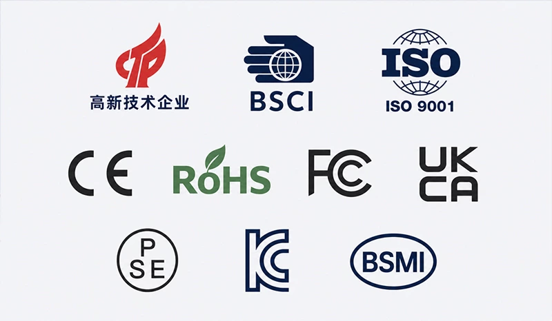 High-Tech Enterprise, BSCI, ISO 9001, CE, RoHS, FCC, UKCA, PSE, KC and BSMI compliance marks of Chaozhou Tongheng Technology Co., Ltd.
